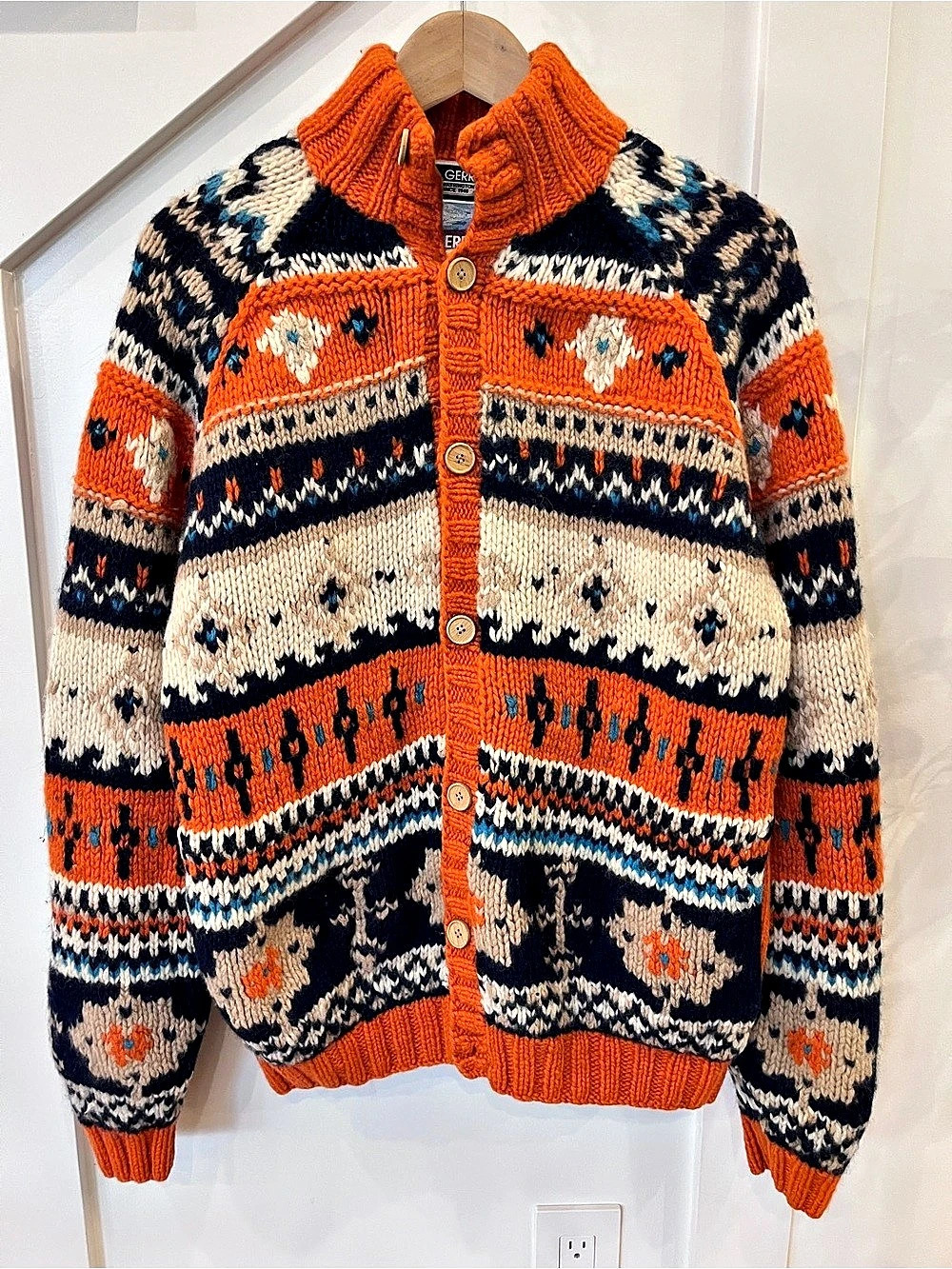 Vintage Gerry 100% Wool Nordic Fair Isle Cardigan Orange Navy M
